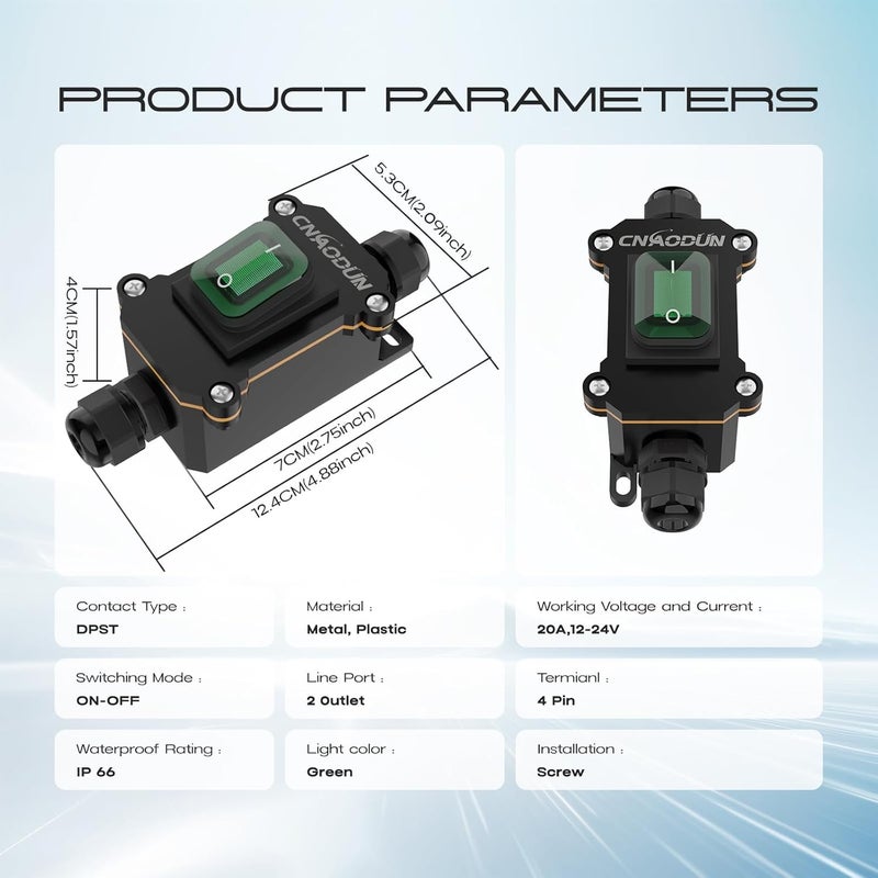 cnaodun Waterproof Inline Cord Switch, 12V DC 20A On Off Toggle Switch with Green Light Rocker Button DPST Double Outlet Outdoor IP66 - Image 2